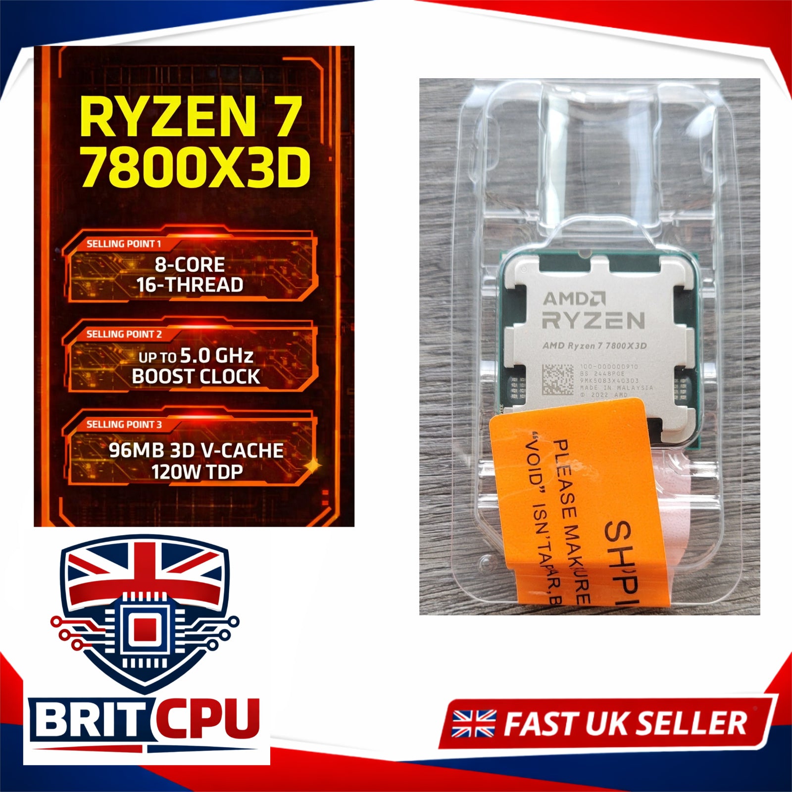 AMD Ryzen 7 7800X3D Desktop Processor, 5.0GHz Boost, 8 Cores, 96MB 3D V-Cache, Socket AM5