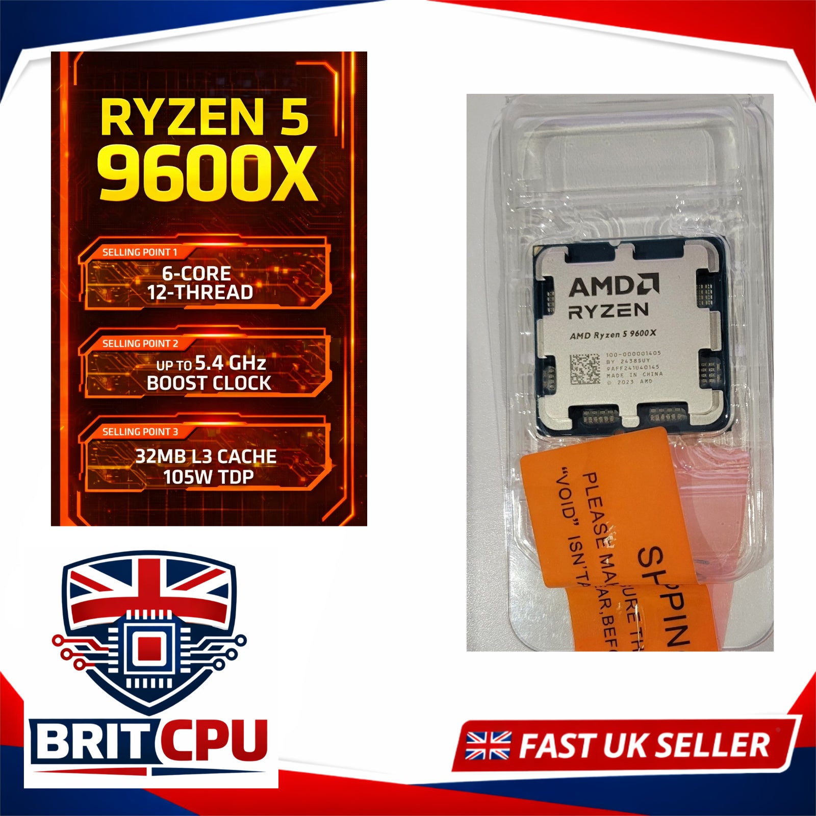 AMD Ryzen 5 9600X Desktop Processor, 5.4GHz Boost, 6 Cores 12 Threads, Zen 5, Socket AM5
