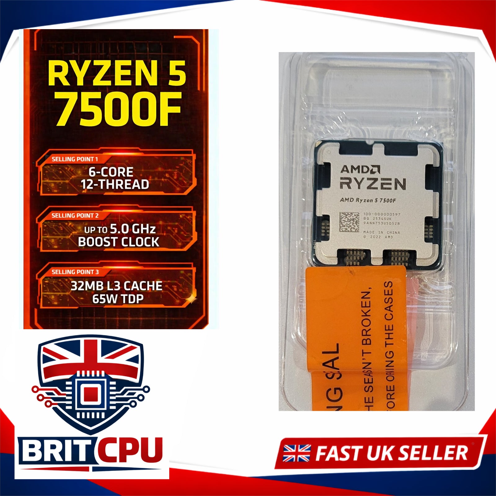 AMD Ryzen 5 7500F Desktop Processor, 5.0GHz Boost, 6 Cores 12 Threads, Socket AM5