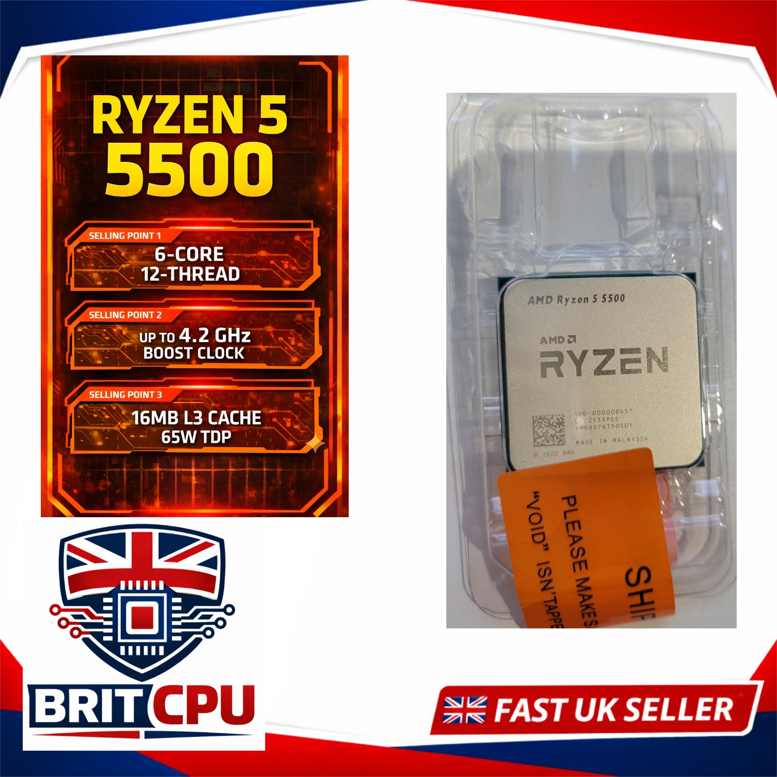 AMD Ryzen 5 5500 Desktop Processor, 4.2GHz Boost, 6 Cores 12 Threads, Socket AM4