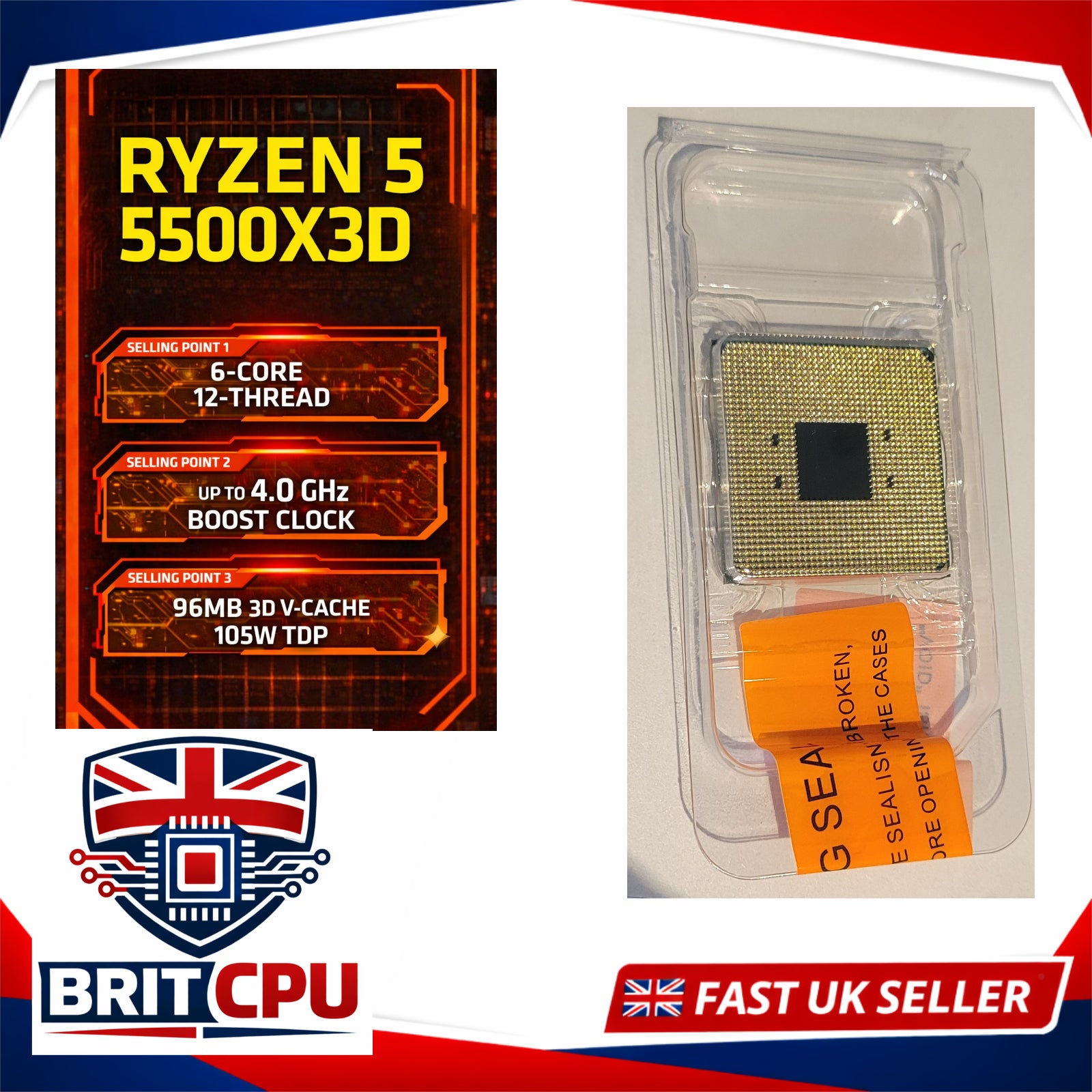 AMD Ryzen 5 5500X3D Desktop Processor, 4.0GHz Boost, 6 Cores, 96MB 3D V-Cache, Socket AM4