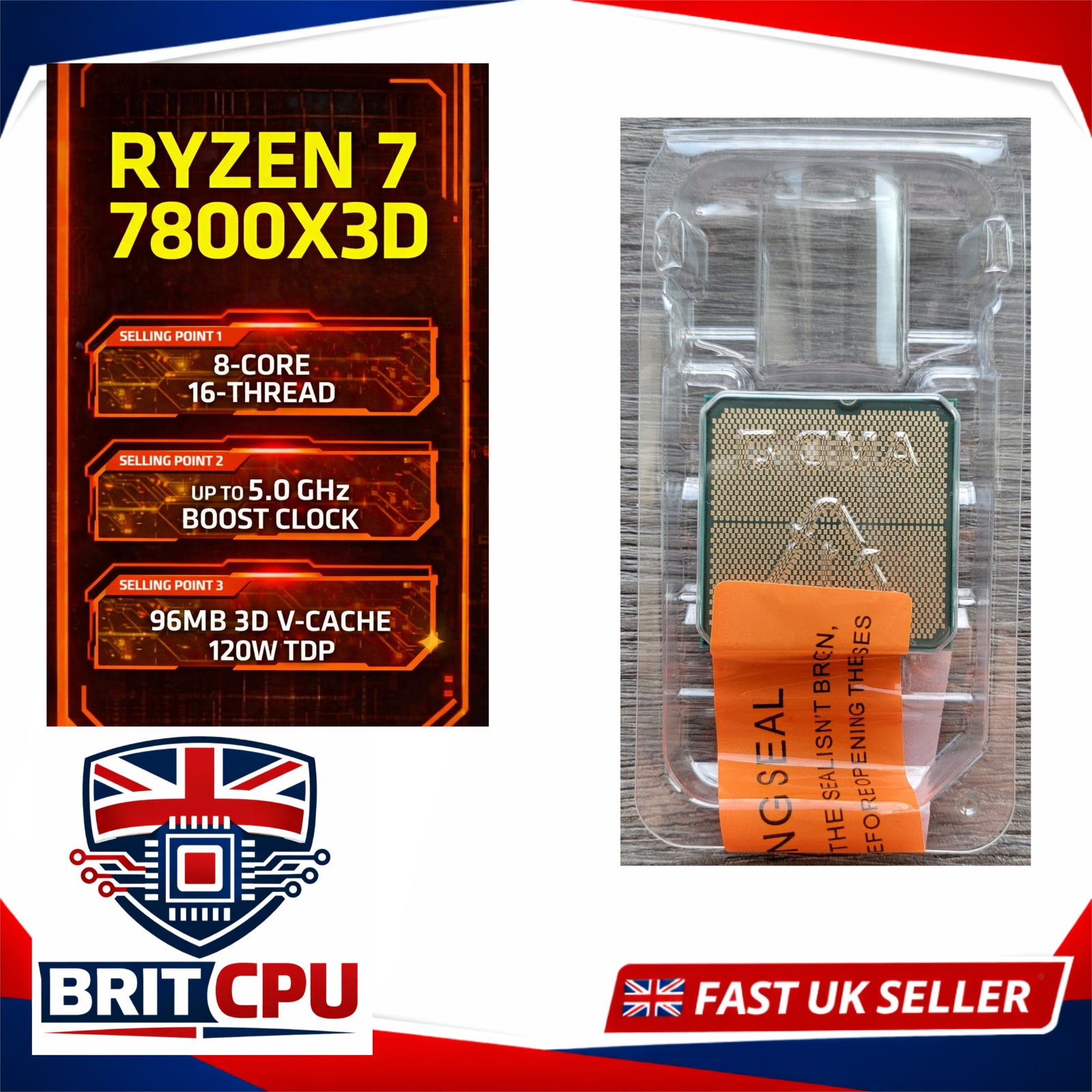 AMD Ryzen 7 7800X3D Desktop Processor, 5.0GHz Boost, 8 Cores, 96MB 3D V-Cache, Socket AM5